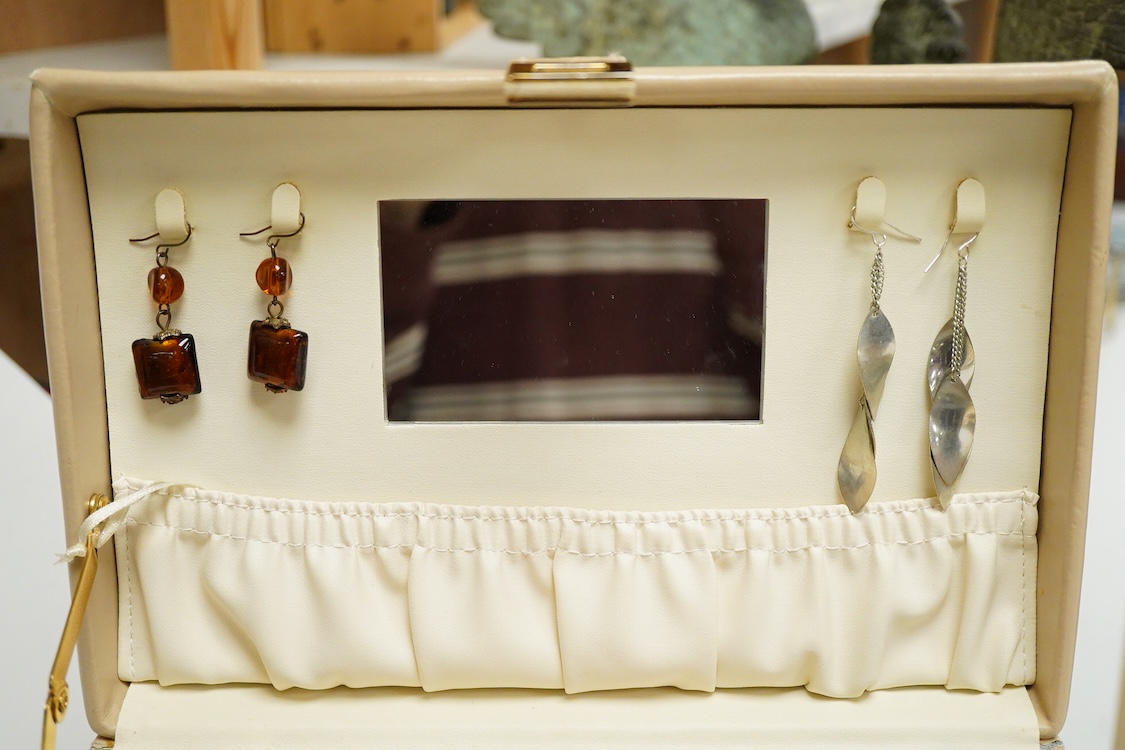 A jewellery box containing mainly costume and other jewellery including, silver and 925 cufflinks, a cultured pearl necklace with silver and paste set clasp and three wrist watches including a steel and gold plated Bulov